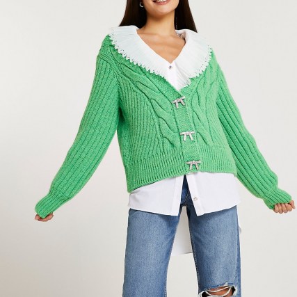 River Island Green chunky knit cardigan | boxy diamante button cardigans | womens fashionable knitwear