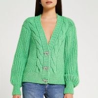 RIVER ISLAND Green chunky knit cardigan ~ diamante button cardigans ~ cable detail drop shoulder cardi ~ womens fashionable knitwear