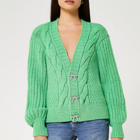 RIVER ISLAND Green chunky knit cardigan ~ diamante button cardigans ~ cable detail drop shoulder cardi ~ womens fashionable knitwear - flipped
