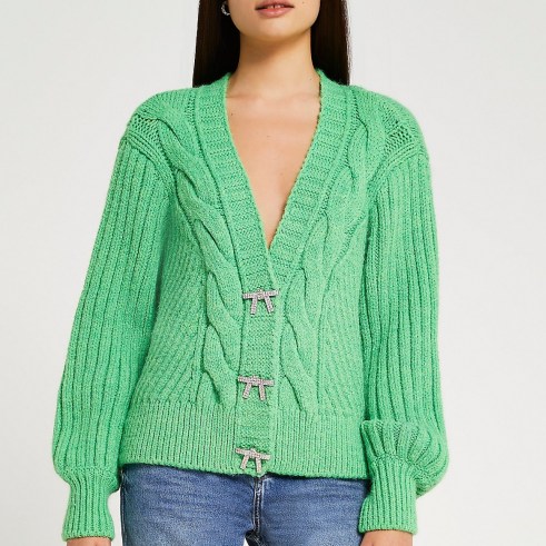 RIVER ISLAND Green chunky knit cardigan ~ diamante button cardigans ~ cable detail drop shoulder cardi ~ womens fashionable knitwear