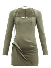 JACQUEMUS Esca draped slubbed-canvas mini dress ~ contemporary khaki-green fold detail dresses ~ square neck ~ fitted bodice fashion
