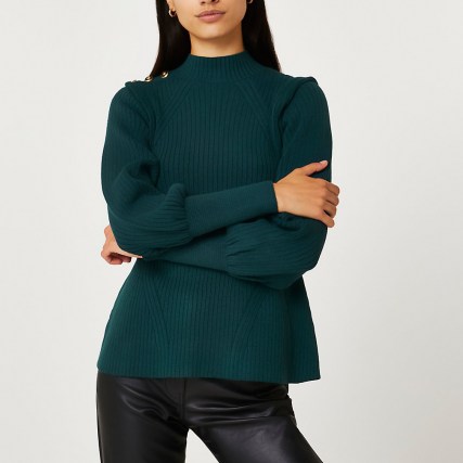 River Island Green extended shoulder knit jumper | womens ribbed high neck jumpers - flipped