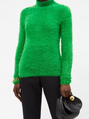 STELLA MCCARTNEY Green faux-fur roll-neck sweater ~ textured high neck sweaters ~ fluffy emerald jumpers - flipped