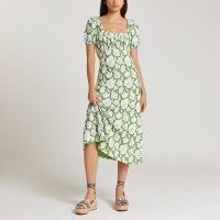 RIVER ISLAND Green floral print Jacquard midi dress ~ short sleeve gathered bodice dresses