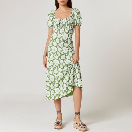 RIVER ISLAND Green floral print Jacquard midi dress ~ short sleeve gathered bodice dresses - flipped