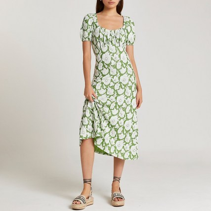 RIVER ISLAND Green floral print Jacquard midi dress ~ short sleeve gathered bodice dresses