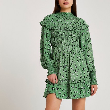 RIVER ISLAND Green floral print mini dress ~ vintage style ruffle trim shirred detail dresses - flipped