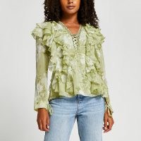 RIVER ISLAND Green floral print ruffled blouse ~ feminine ruffle detail blouses ~ romantic style tops