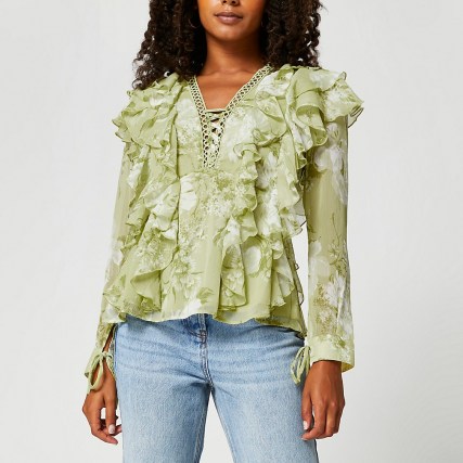 RIVER ISLAND Green floral print ruffled blouse ~ feminine ruffle detail blouses ~ romantic style tops - flipped