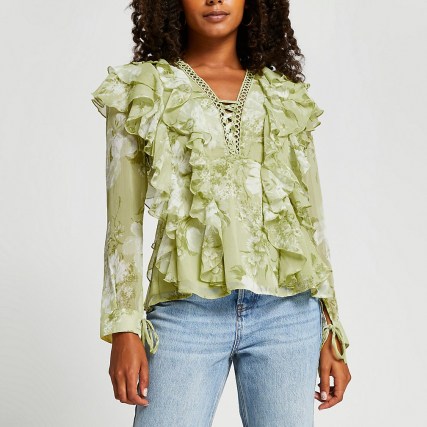 RIVER ISLAND Green floral print ruffled blouse ~ feminine ruffle detail blouses ~ romantic style tops