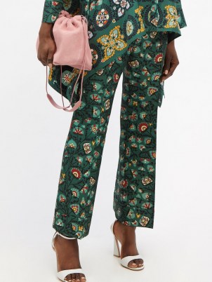 LA DOUBLEJ Hendrix green Suzany-print flared wool-blend trousers | womens retro floral print flares | women’s vintage inspired fashion
