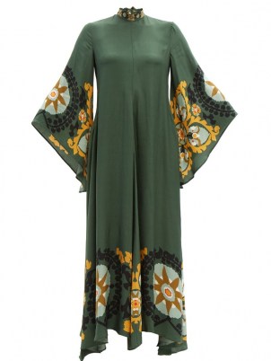 LA DOUBLEJ Magnifico printed-crepe maxi dress ~ green wide sleeve high neck kaftan inspired dresses ~ womens vintage style fashion ~ MatchesFashion women’s clothing - flipped