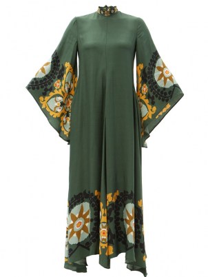 LA DOUBLEJ Magnifico printed-crepe maxi dress ~ green wide sleeve high neck kaftan inspired dresses ~ womens vintage style fashion ~ MatchesFashion women’s clothing