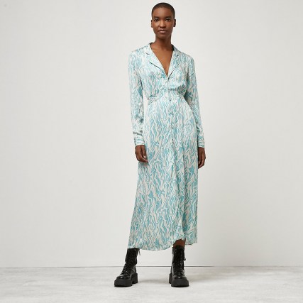 RIVER ISLAND Green printed shirt dress ~ gathered shirred waist front button up dresses - flipped