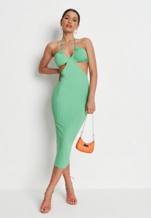 MISSGUIDED green rib cut out halterneck midaxi dress – strappy halter neck dresses - flipped