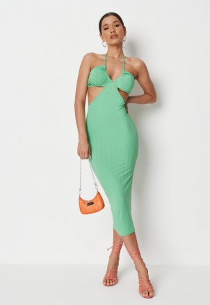 MISSGUIDED green rib cut out halterneck midaxi dress – strappy halter neck dresses