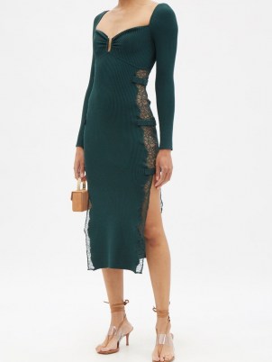 SELF-PORTRAIT Sweetheart lace-insert green rib-knitted midi dress | long sleeve form fitting high split hem dresses - flipped