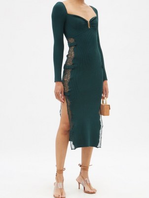 SELF-PORTRAIT Sweetheart lace-insert green rib-knitted midi dress | long sleeve form fitting high split hem dresses
