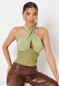 MISSGUIDED green tie back corset top – cut out crossover front halterneck tops – halter neck fashion