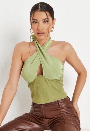 MISSGUIDED green tie back corset top – cut out crossover front halterneck tops – halter neck fashion - flipped