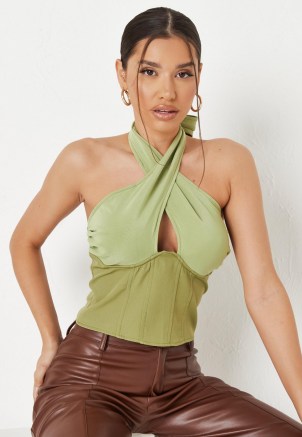 MISSGUIDED green tie back corset top – cut out crossover front halterneck tops – halter neck fashion