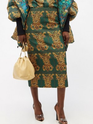 LA DOUBLEJ Tiger Tiles-print green wool-blend pencil skirt | designer animal print midi skirts - flipped