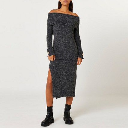 River Island Grey bardot jumper dress | off the shoulder split hem sweater dresses | knitted fashion - flipped
