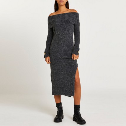 River Island Grey bardot jumper dress | off the shoulder split hem sweater dresses | knitted fashion