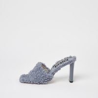 RIVER ISLAND Grey borg mule / fluffy square toe mules / textured faux shearling sandals