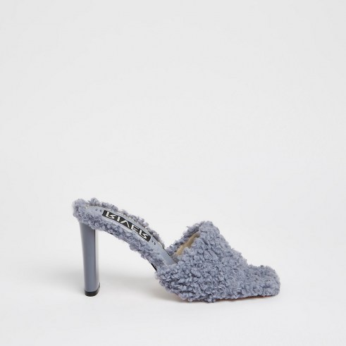 RIVER ISLAND Grey borg mule / fluffy square toe mules / textured faux shearling sandals - flipped