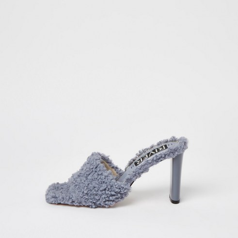 RIVER ISLAND Grey borg mule / fluffy square toe mules / textured faux shearling sandals