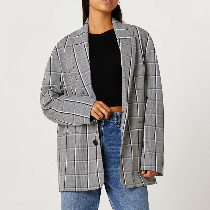 RIVER ISLAND Grey check oversized blazer – slouchy checked blazers – womens fashionable jackets - flipped