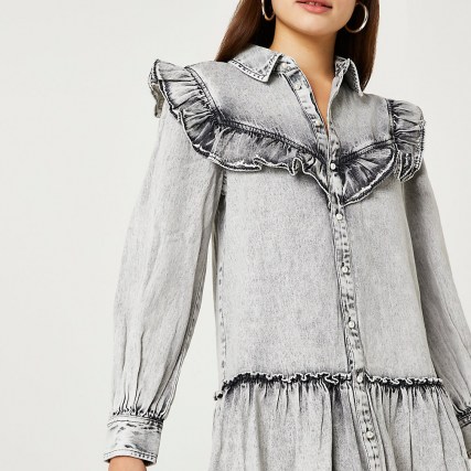 River Island Grey frill detail shirt dress | ruffled denim tiered hem dresses - flipped