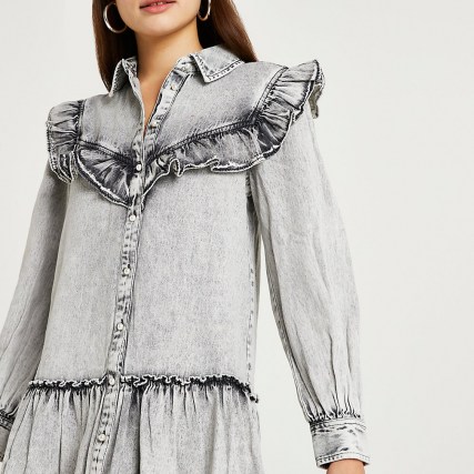 River Island Grey frill detail shirt dress | ruffled denim tiered hem dresses