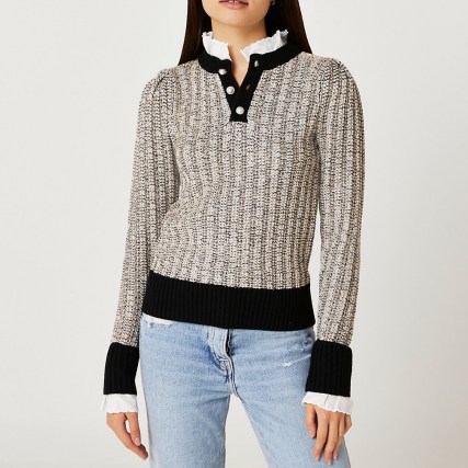 River Island Grey 2 in 1 pie crust collar shirt and jumper | ruffle trim jumpers | womens high neck sweaters | women’s fashionable knitwear - flipped
