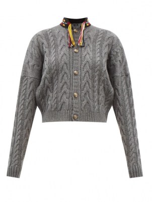 ETRO Palm Springs embroidered cable-knit cardigan ~ grey cropped high neck cardigans ~ tassel detail knitwear ~ drop shoulder - flipped
