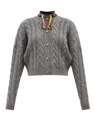 ETRO Palm Springs embroidered cable-knit cardigan ~ grey cropped high neck cardigans ~ tassel detail knitwear ~ drop shoulder