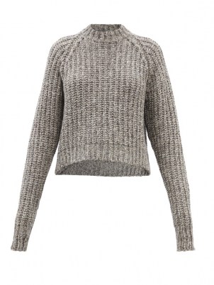 RAEY Recycled-cashmere raglan-sleeve sweater in grey | womens sustainable knitwear | women’s high round neck sweaters | ribbed jumpers - flipped