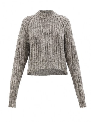 RAEY Recycled-cashmere raglan-sleeve sweater in grey | womens sustainable knitwear | women’s high round neck sweaters | ribbed jumpers