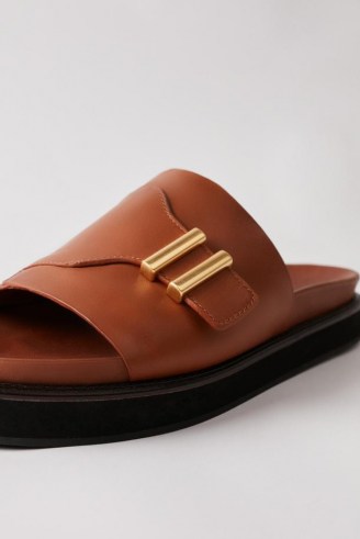 CAMILLA AND MARC Heath Slide in Tan ~ womens brown-leather elevated flat sliders ~ women’s chic slip on flats