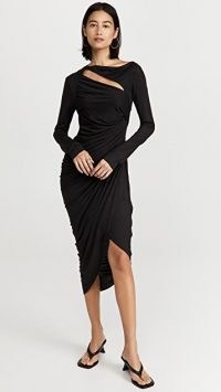 Helmut Lang Scala Long Sleeve Dress in Basalt Black – front slash cut out dresses – ruched LBD – chic asymmetric fashion