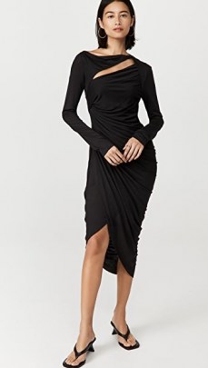 Helmut Lang Scala Long Sleeve Dress in Basalt Black – front slash cut out dresses – ruched LBD – chic asymmetric fashion - flipped