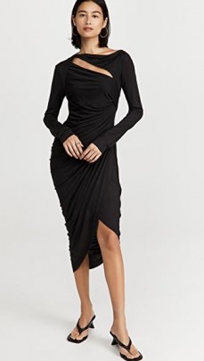 Helmut Lang Scala Long Sleeve Dress in Basalt Black – front slash cut out dresses – ruched LBD – chic asymmetric fashion