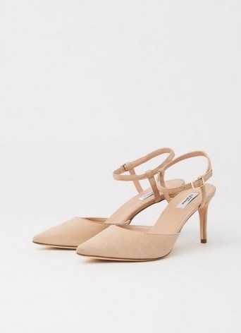 L.K. BENNETT HOPE BEIGE SUEDE STRAPPY COURTS ~ luxe style ankle strap pointed toe court shoes - flipped