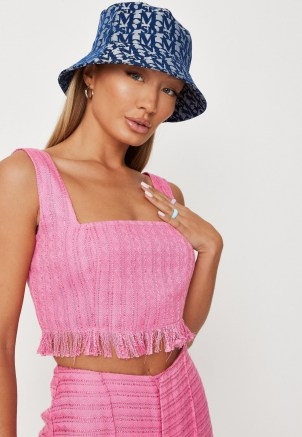 MISSGUIDED hot pink co ord boucle square neck crop top ~ cropped fringe hem tops - flipped