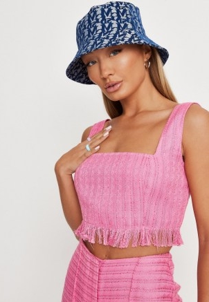 MISSGUIDED hot pink co ord boucle square neck crop top ~ cropped fringe hem tops