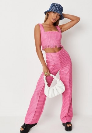 MISSGUIDED hot pink co ord boucle straight leg trousers ~ womens front seamed textured trousers ~ women’s retro fashion - flipped