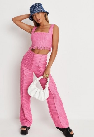 MISSGUIDED hot pink co ord boucle straight leg trousers ~ womens front seamed textured trousers ~ women’s retro fashion