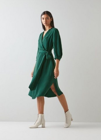 L.K. BENNETT IRIS GREEN FLUID MIDI DRESS ~ floaty split hem wrap dresses