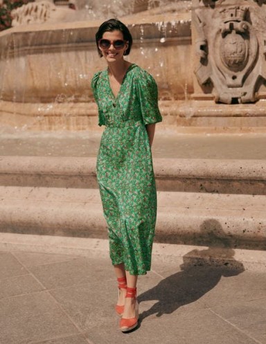 Boden Iris Midi Dress Sapling, Pretty Floral / green puff sleeve fitted waist dresses